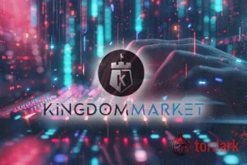 Kingdom Market logo, a crowned 'K' shield, over a hand on a keyboard amid red and blue digital light