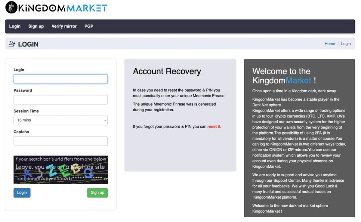 Screenshot of the Kingdom Market login page, with 'Verify mirror' and 'PGP' links in the navigation bar