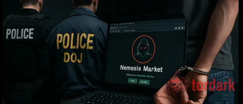 Police and DOJ officers standing beside a laptop showing the Nemesis Market homepage, with a handcuffed figure in the foreground
