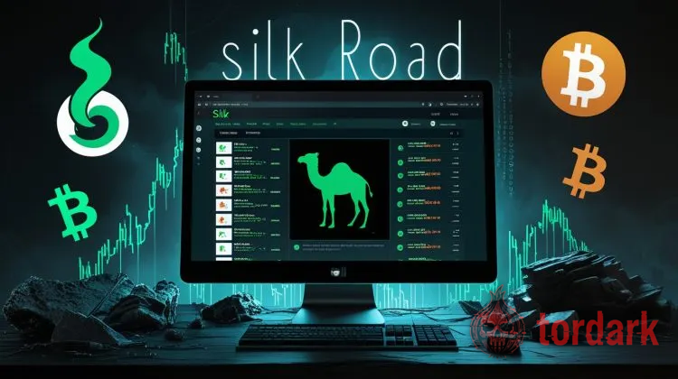 Illustration of a monitor showing a Silk Road listings page with its green camel logo, framed by Bitcoin symbols and a rising price chart