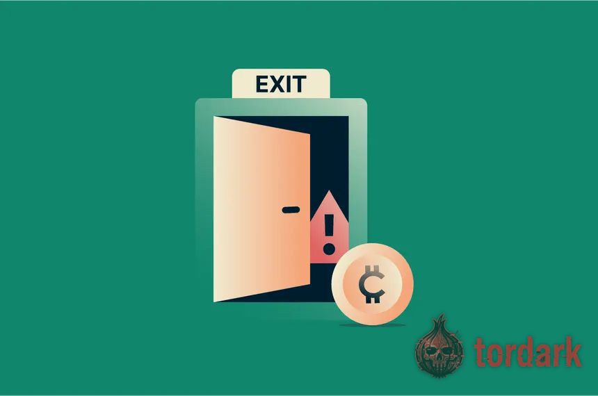 Flat illustration of an open door under an 'EXIT' sign with a red warning symbol and a cryptocurrency coin, representing a darknet exit scam