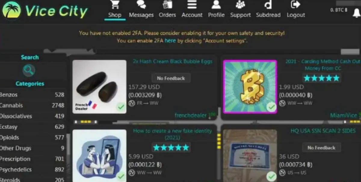 Screenshot of the Vice City Market storefront, with product listings and a two-factor-authentication prompt