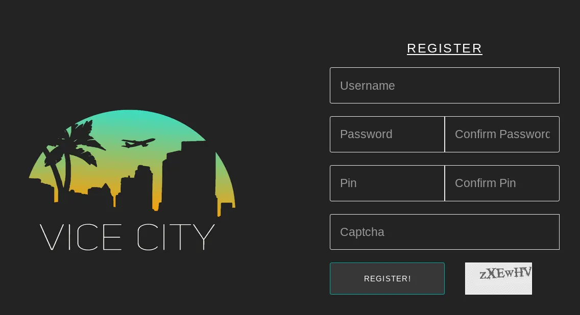 Screenshot of the Vice City Market registration page, its palm-and-sunset logo beside username, PIN, and captcha fields