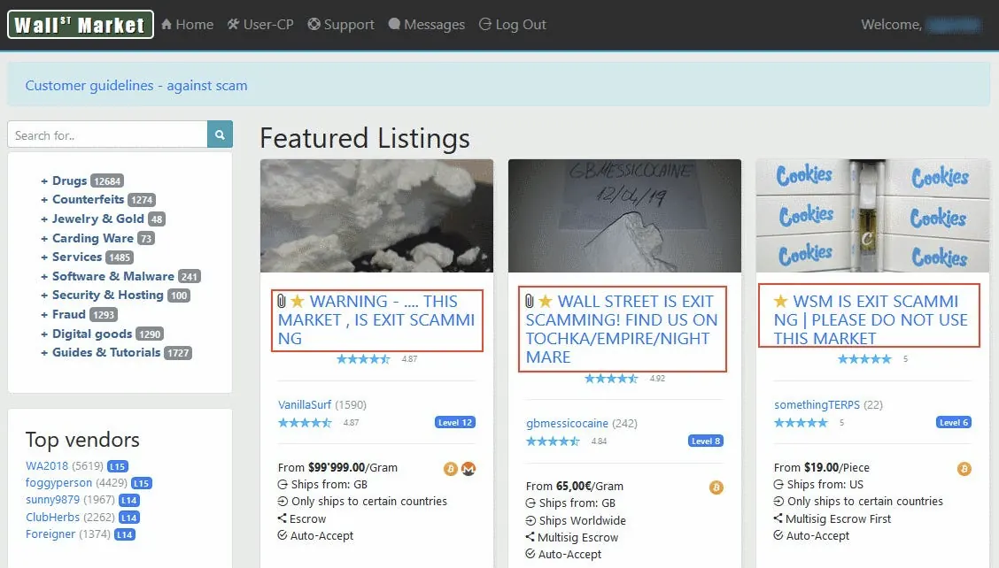 Screenshot of Wall Street Market listings overlaid with red user warnings that the market is exit scamming