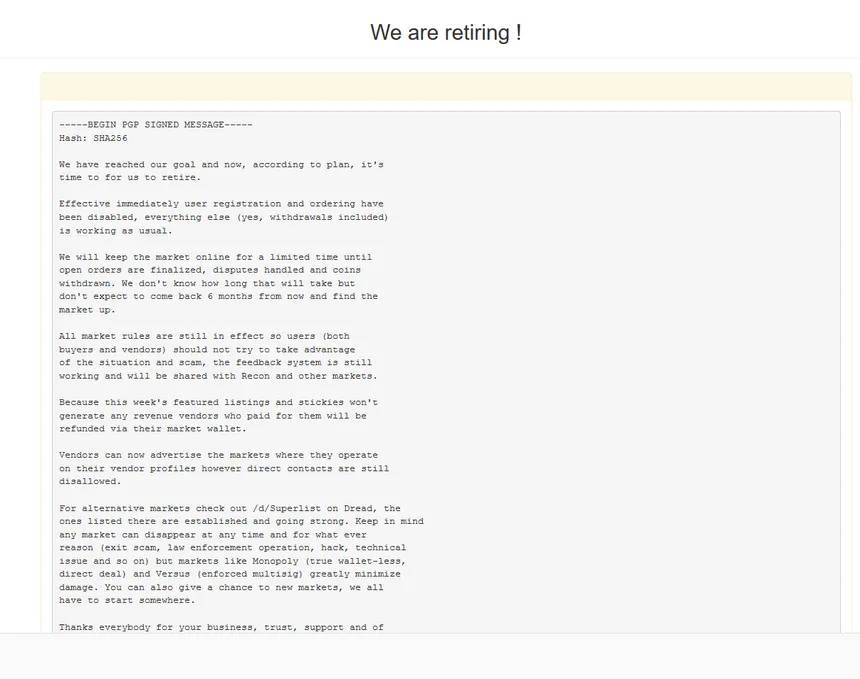 Screenshot of White House Market's 'We are retiring!' notice, formatted as a PGP signed message beginning with '-----BEGIN PGP SIGNED MESSAGE-----' and hash SHA256