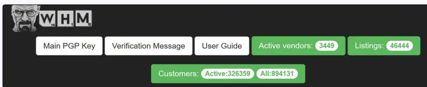 White House Market navigation bar showing 'Main PGP Key' and 'Verification Message' links beside counters: 3,449 active vendors, 46,444 listings, and 894,131 customers (326,359 active)