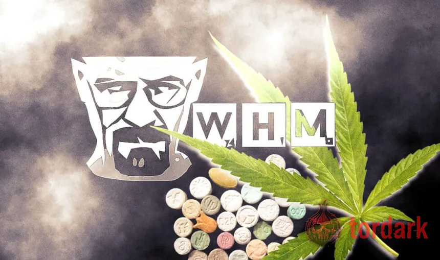 White House Market artwork: the WHM 'Heisenberg' sketch and wordmark beside a cannabis leaf and a pile of pressed pills
