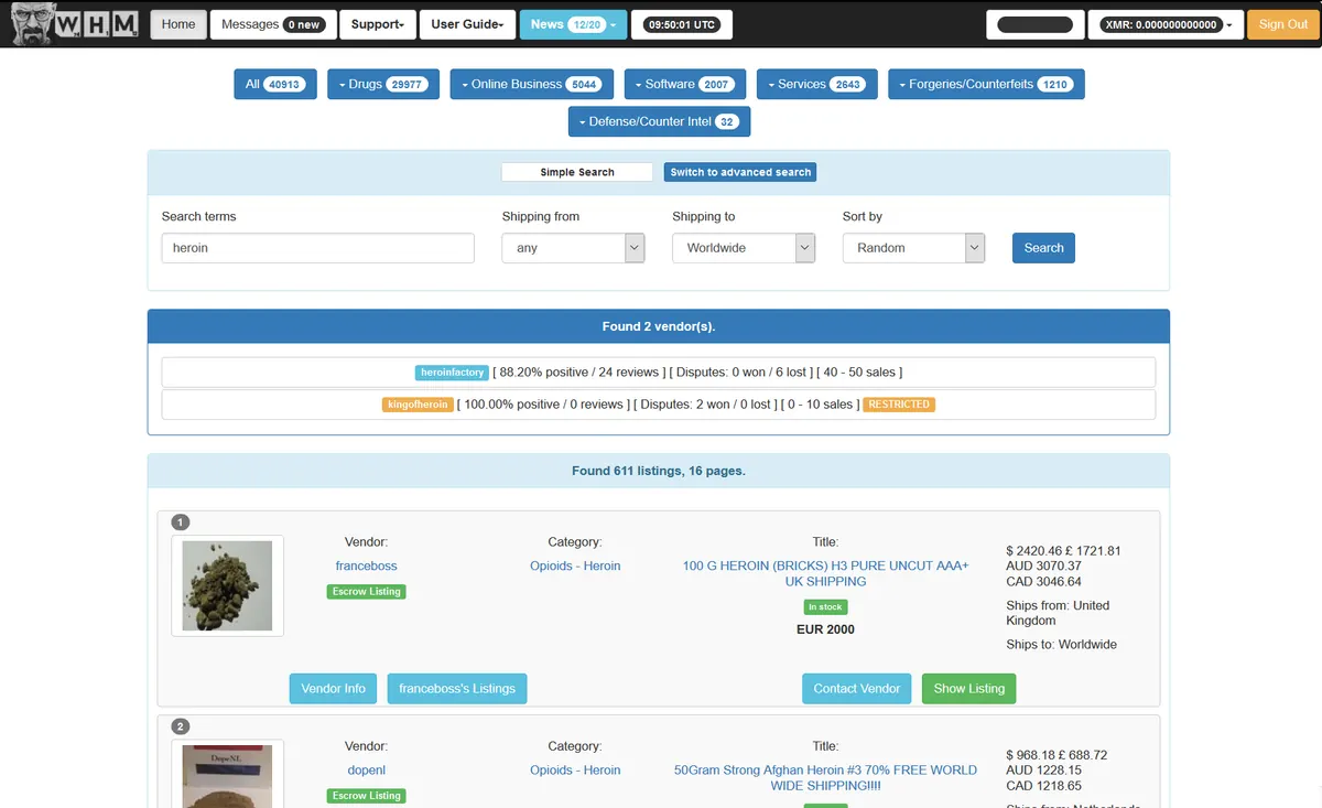 Screenshot of White House Market, showing its category buttons and Monero-priced vendor listings