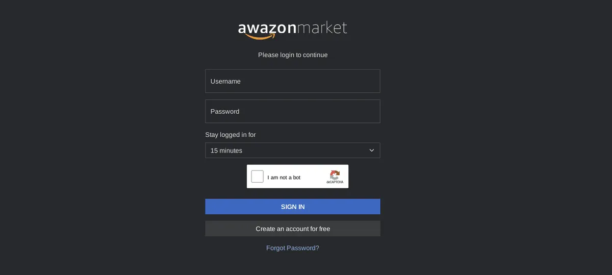 Awazon Market login screen on a dark background, with username and password fields, a stay-logged-in control set to 15 minutes, a house captcha, and a sign-in button