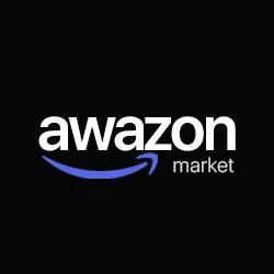 Awazon Market logo: the word awazon in white lowercase, a blue smile-shaped arrow, and the word market underneath, on black