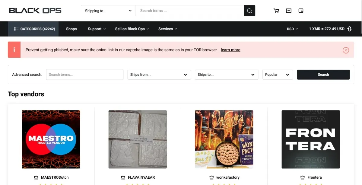 Screenshot of the BlackOps Market homepage, showing its product categories and search interface