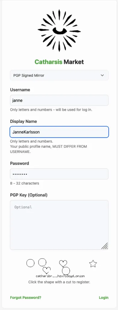 Catharsis Market register form: mirror dropdown, username, display name, password, an optional PGP box, and a shape captcha