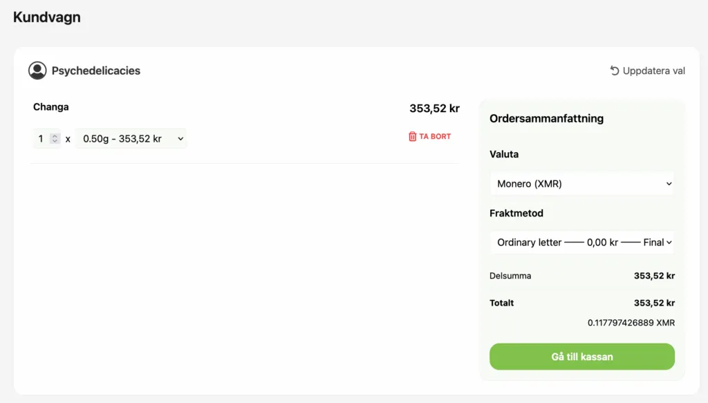 Catharsis checkout in Swedish: a 0.50 g line at 353.52 kr, Monero selected, ordinary letter postage at zero