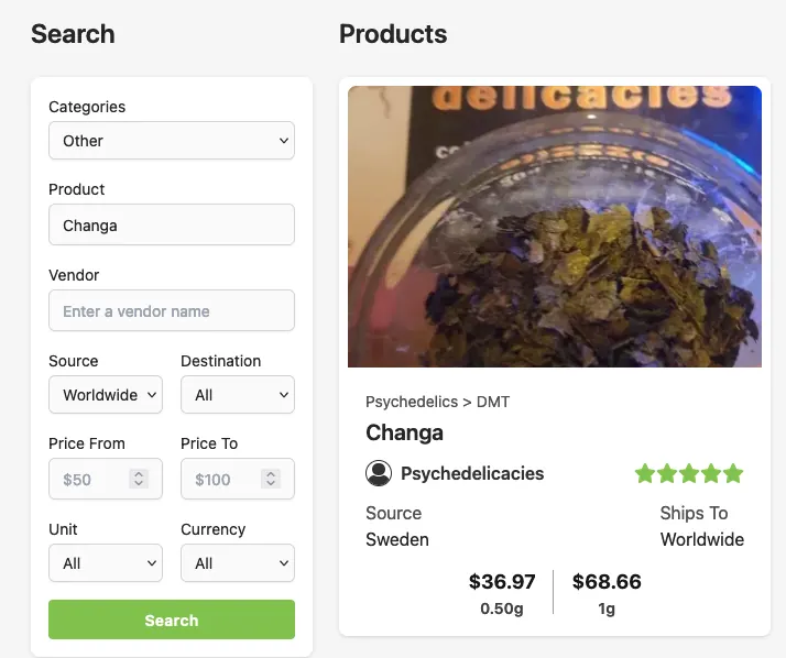 Catharsis product search with a Changa card: source Sweden, ships worldwide, prices in dollars for 0.50 g and 1 g
