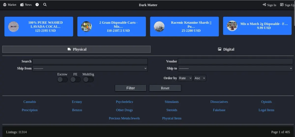 Screenshot of the DarkMatter Market homepage and listing layout