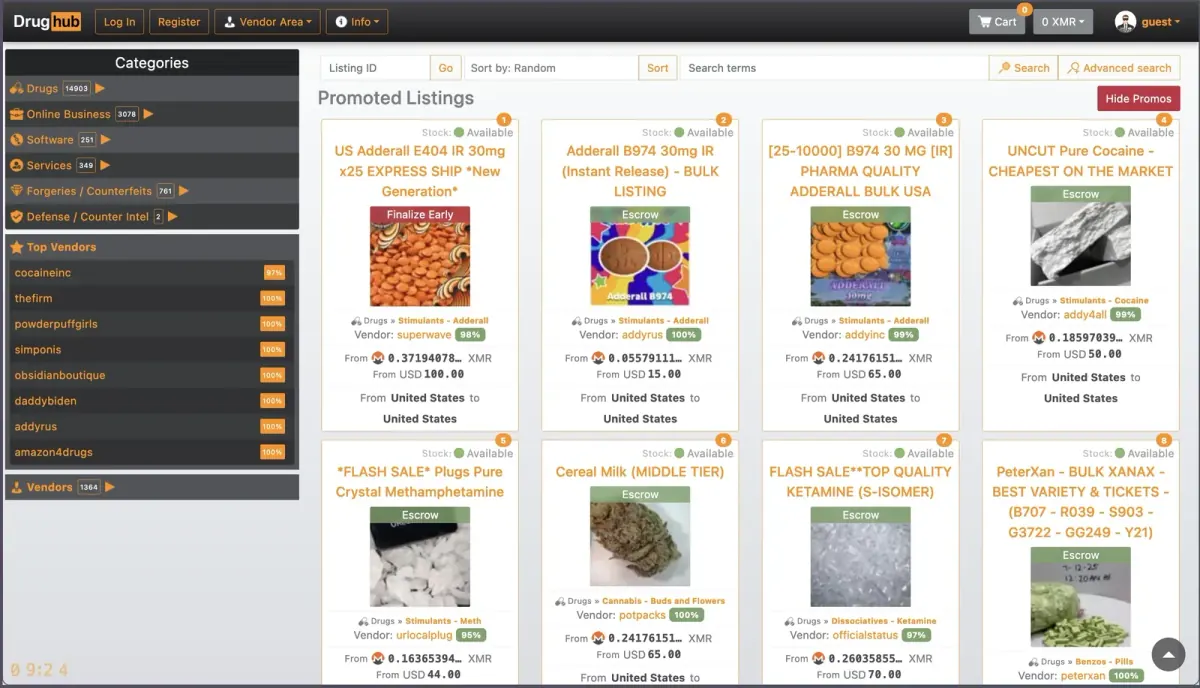 Screenshot of the DrugHub Market homepage, listing vendor categories on a Monero-only marketplace