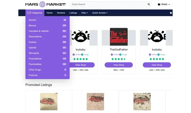 Mars Market storefront with a search box, a category menu, and vendor cards