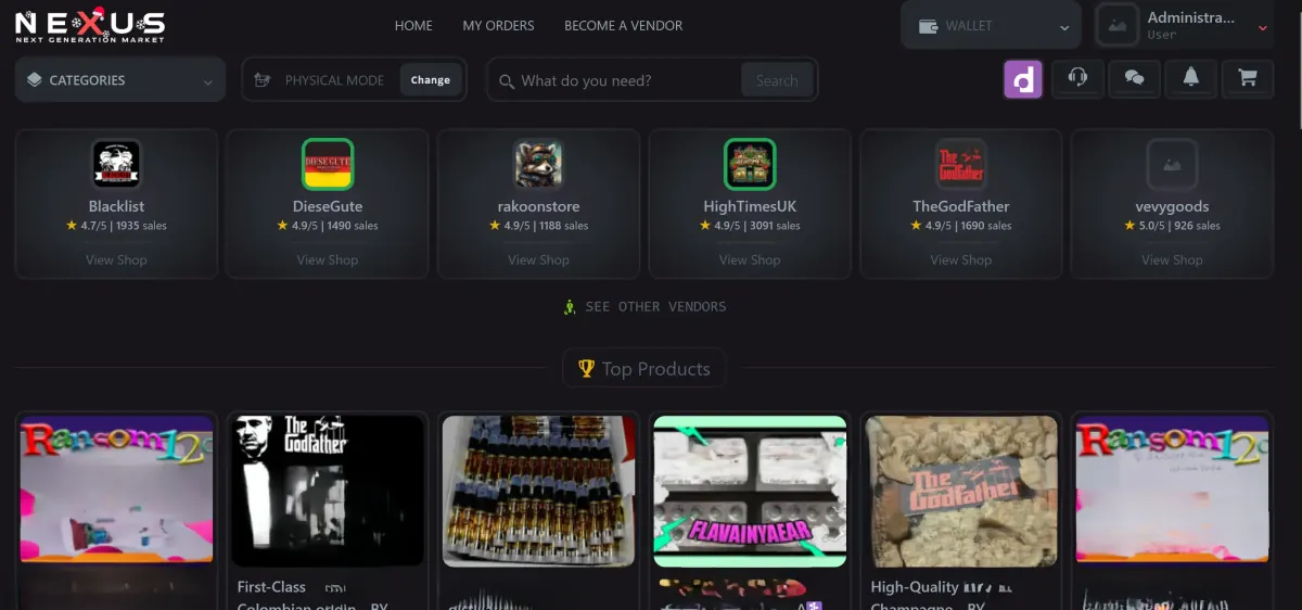 Screenshot of the Nexus Market homepage, with featured listings and category navigation