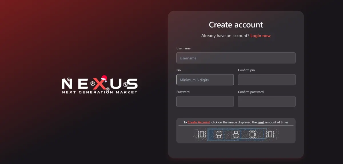 Screenshot of the Nexus Market registration page with username, password, and captcha fields
