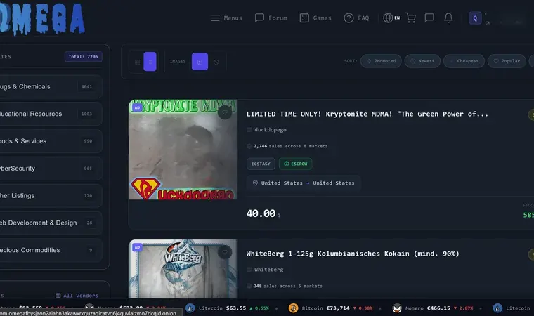 Omega Market screen with Forum and Games in the top menu, a category sidebar, and product cards