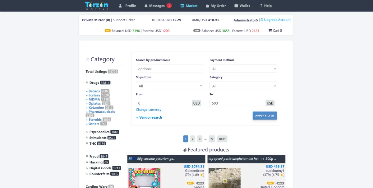 Screenshot of the TorZon Market homepage, showing listing categories and a search bar
