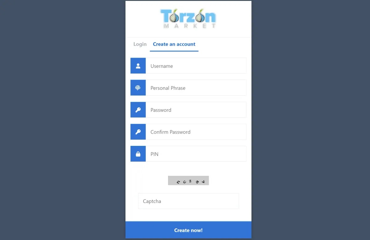 Screenshot of the TorZon Market registration page with account fields