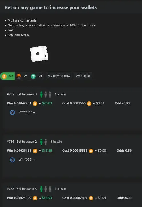 Vortex dice screen with a die, a 10 percent win commission, and bet tabs for Bitcoin, Monero, and USDT
