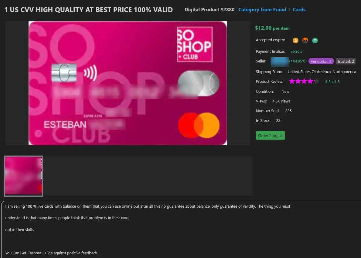 Vortex fraud listing for a US card record at 12 dollars, with escrow selected and vendor level 3
