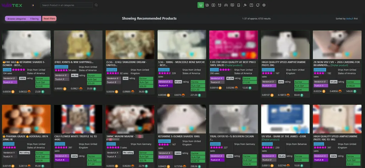 Vortex catalogue grid of recommended listings, with vendor level, trust level, and prices in Bitcoin, Monero, and USDT