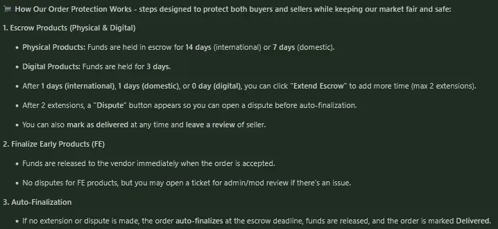 Vortex order-protection terms: 14-day international escrow, 7-day domestic, 3-day digital, Finalize Early, and auto-finalization