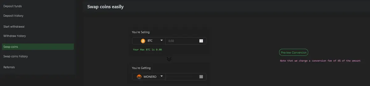 Vortex wallet screen swapping Bitcoin for Monero, with a note that the conversion fee is 4 percent
