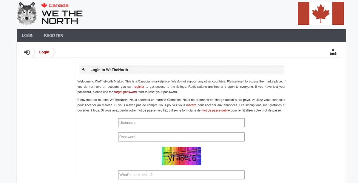 Screenshot of the We The North Market login page with username, password, and captcha fields in English and French